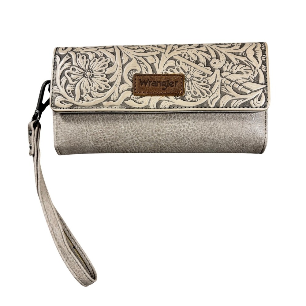 Wrangler Western Floral Embossed Wristlet Wallet Taupe Faux Leather Clutch